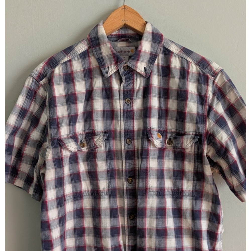 Carhartt Shirt Mens Medium Blue Plaid Short Sleeve Relaxed Fit Button Up Work